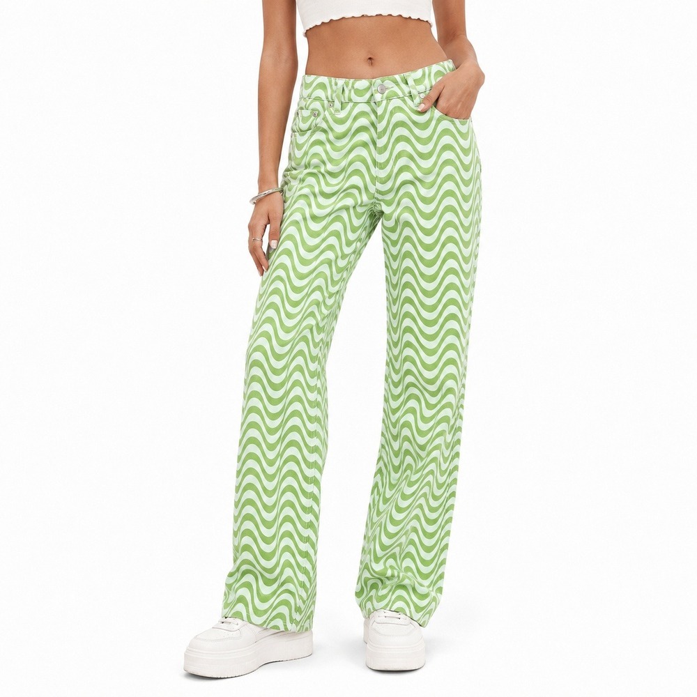 The Ragged Priest Wavy Psychedelic Print Straight Leg Jeans Green White Size 28